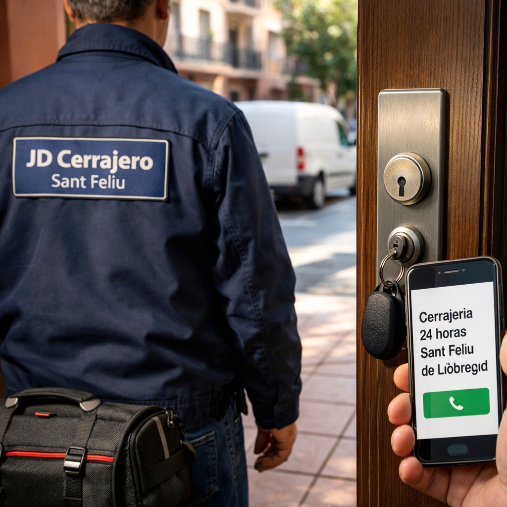 Cerrajero de espaldas junto a puerta y móvil con búsqueda local; Donde puedo encontrar servicios de cerrajeria 24 horas para cambio de cerraduras en Sant Feliu