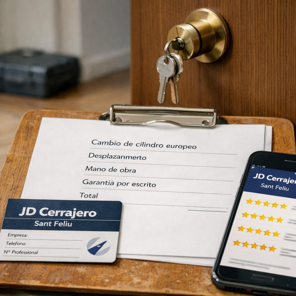 Presupuesto español junto a documentos, móvil y cerradura nueva; Como puedo contratar un servicio confiable para cambiar una cerradura en Sant Feliu de Llobregat