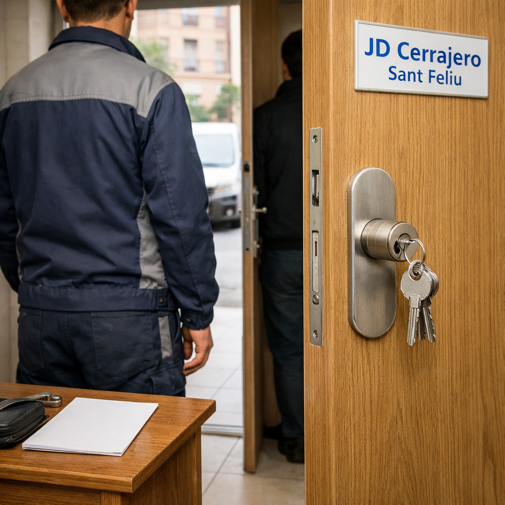 Cerrajero junto a puerta de apartamento con bombín europeo y llaves; Cuales son los mejores servicios de cambio de bombines en Sant Feliu de Llobregat