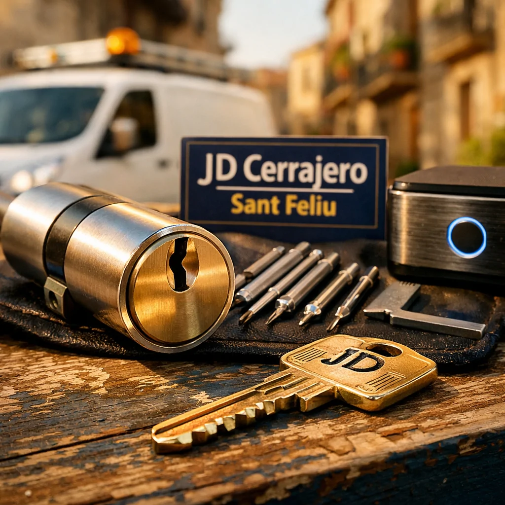 Cilindro de puerta y llave en umbral de madera, con herramientas de cerrajería; Cuales son los mejores servicios de cerrajeria en Sant Feliu de Llobregat.