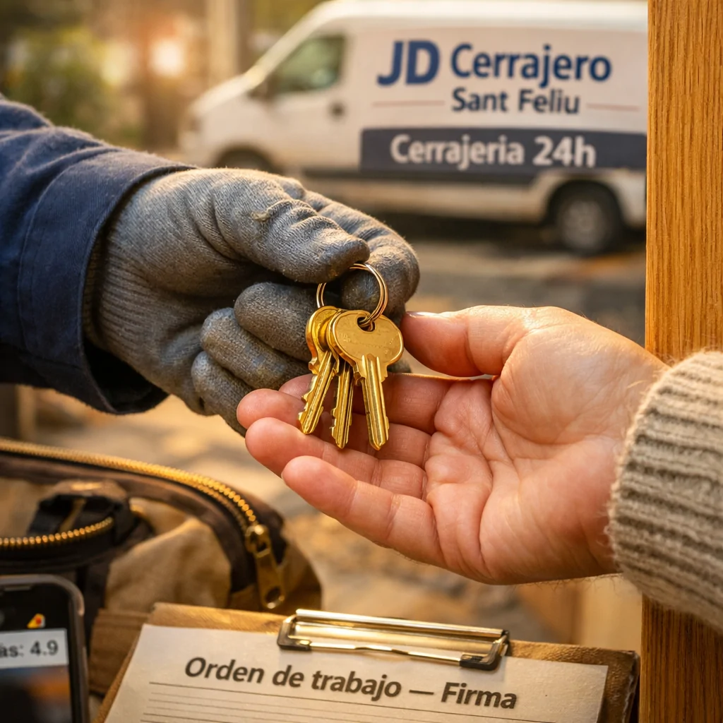 Primer plano de llaves de bronce siendo entregadas entre un técnico y un propietario, simbolizando "Que cerrajeros ofrecen los servicios mas efectivos de apertura de puertas en mi area".